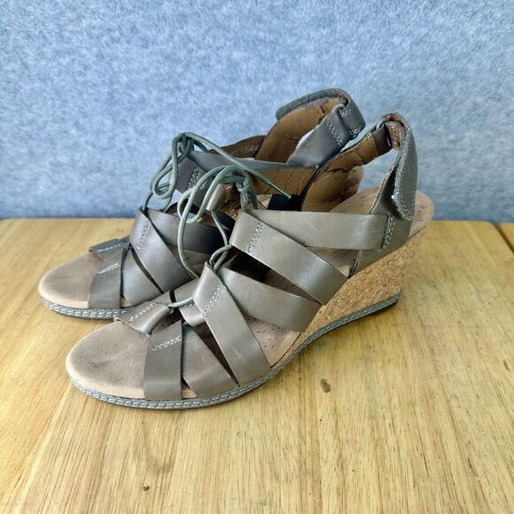 CLARKS Cushion Helio Mindin Lace Cork Taupe Wedge Sandal Womens Size 8 M Heels - Picture 3 of 10